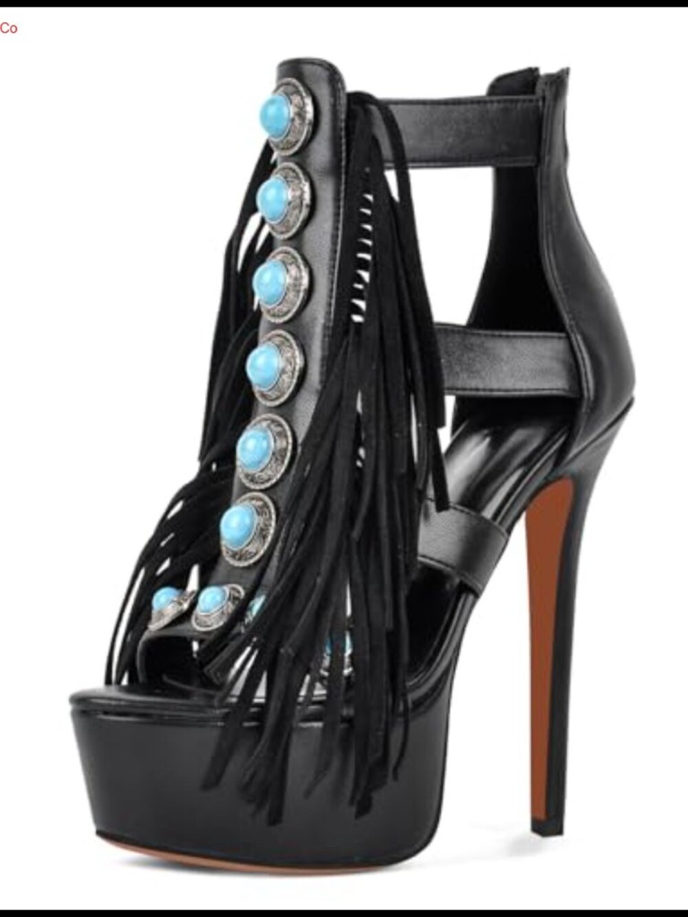 Platform Sandals Fringe Turquoise Stone T-Strap Zip Stiletto Heels Wedding Shoes